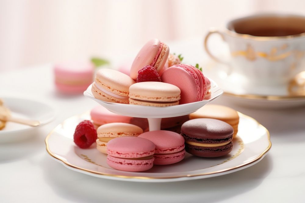 Macarons plate food tea. AI generated Image by rawpixel.