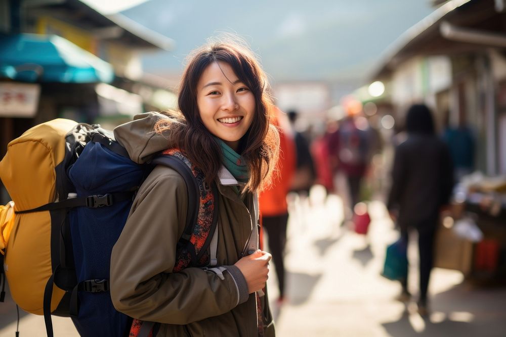 Bag backpack tourist smiling. 