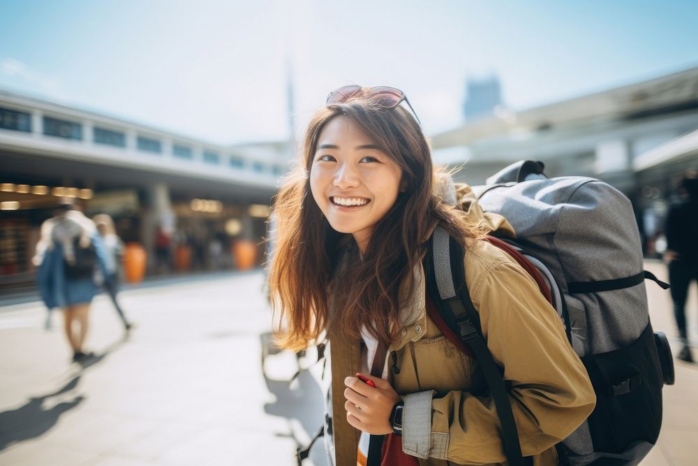 Bag backpack tourist smiling. AI generated Image by rawpixel.