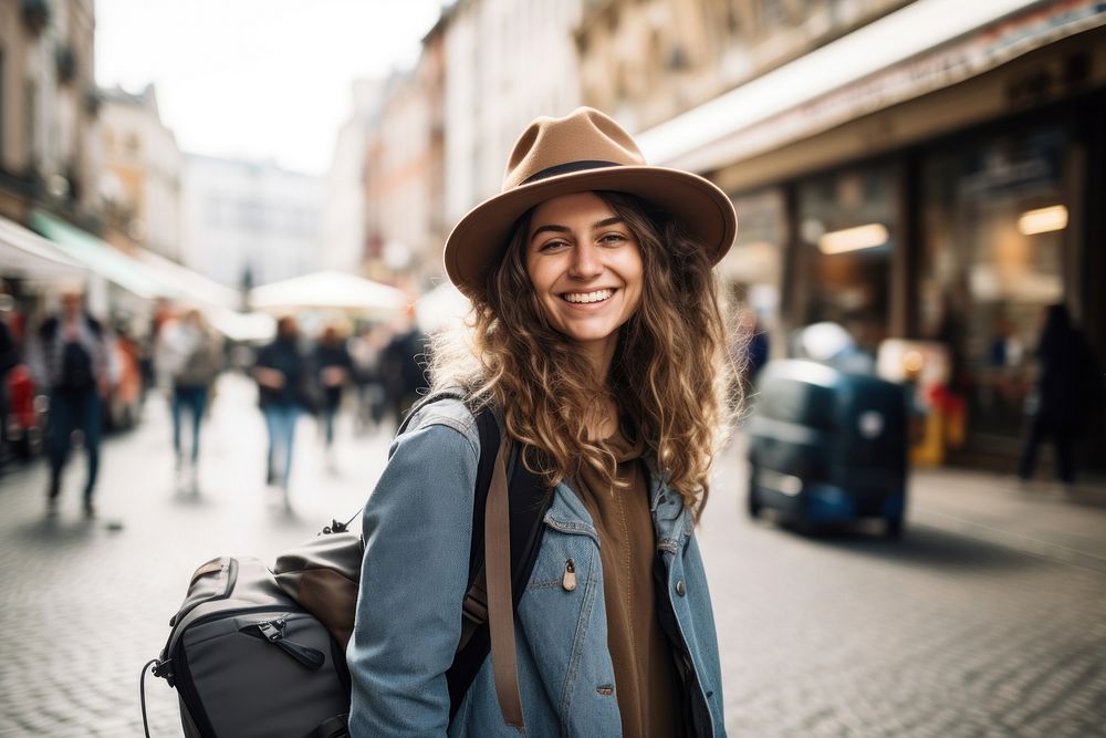 Bag tourist smiling camera. 