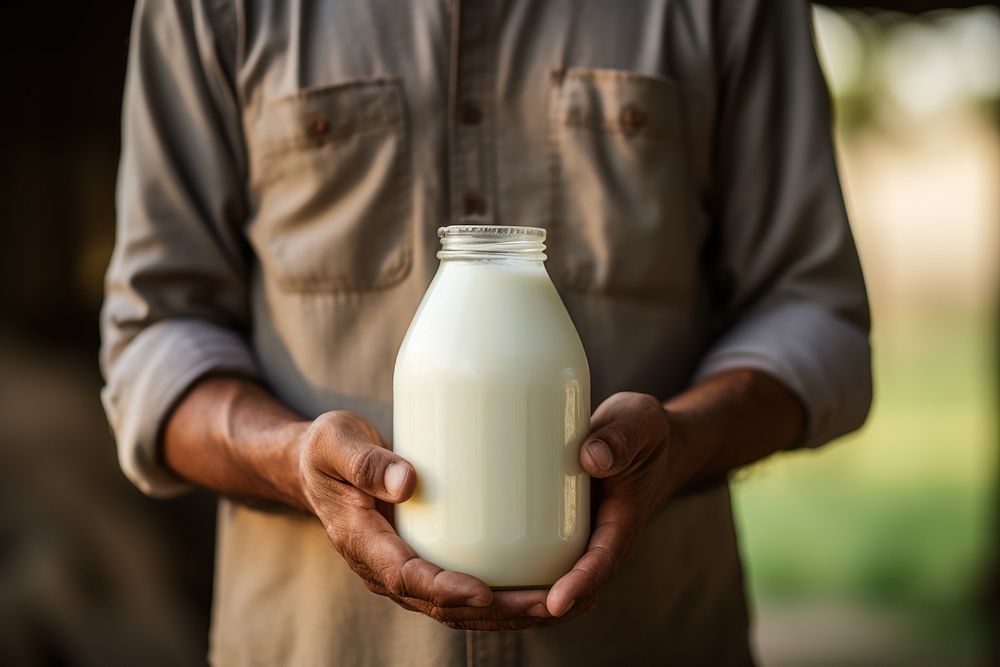 Photo of authentic farmer holding Raw Milk Container in Dairy Farm, cows in background, closeup shot