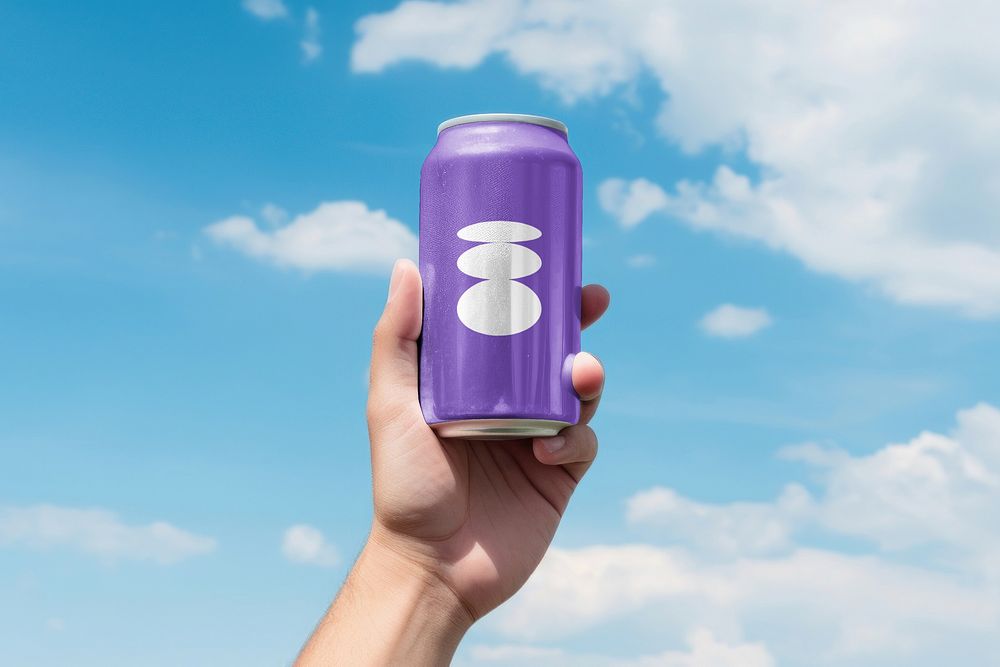 Purple soda can, product packaging with logo