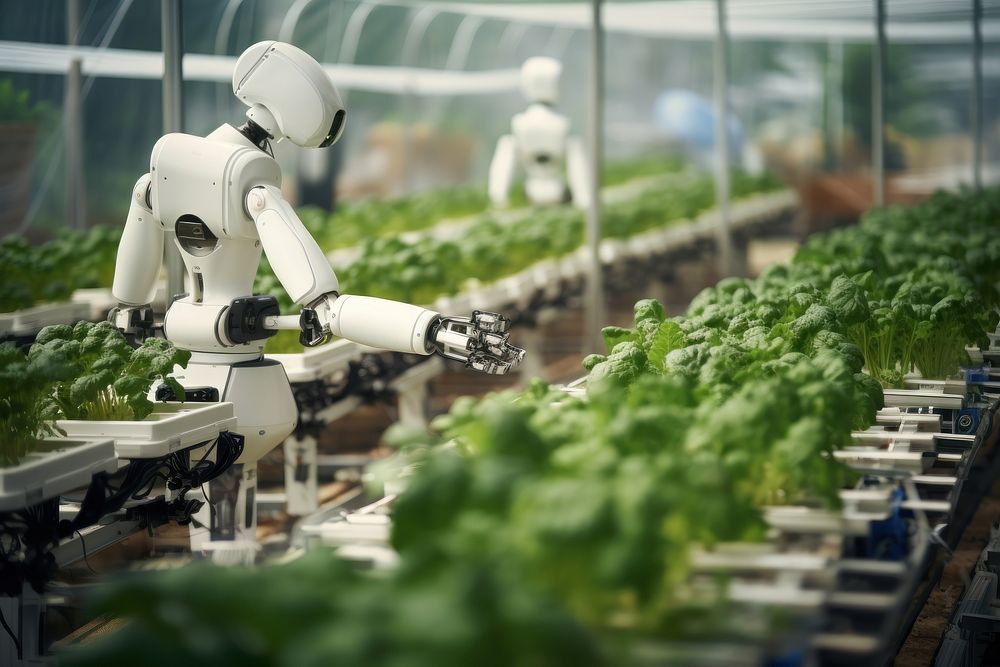photo of white robotic harvest vegetables in smart farming, day light