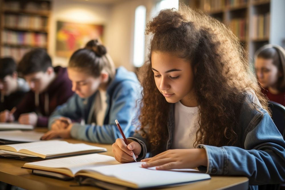 Classroom student writing teen. 