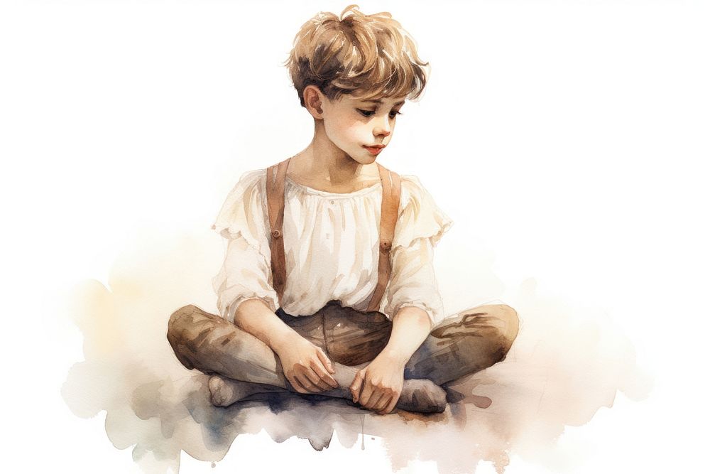 Painting portrait sitting kid. AI generated Image by rawpixel.