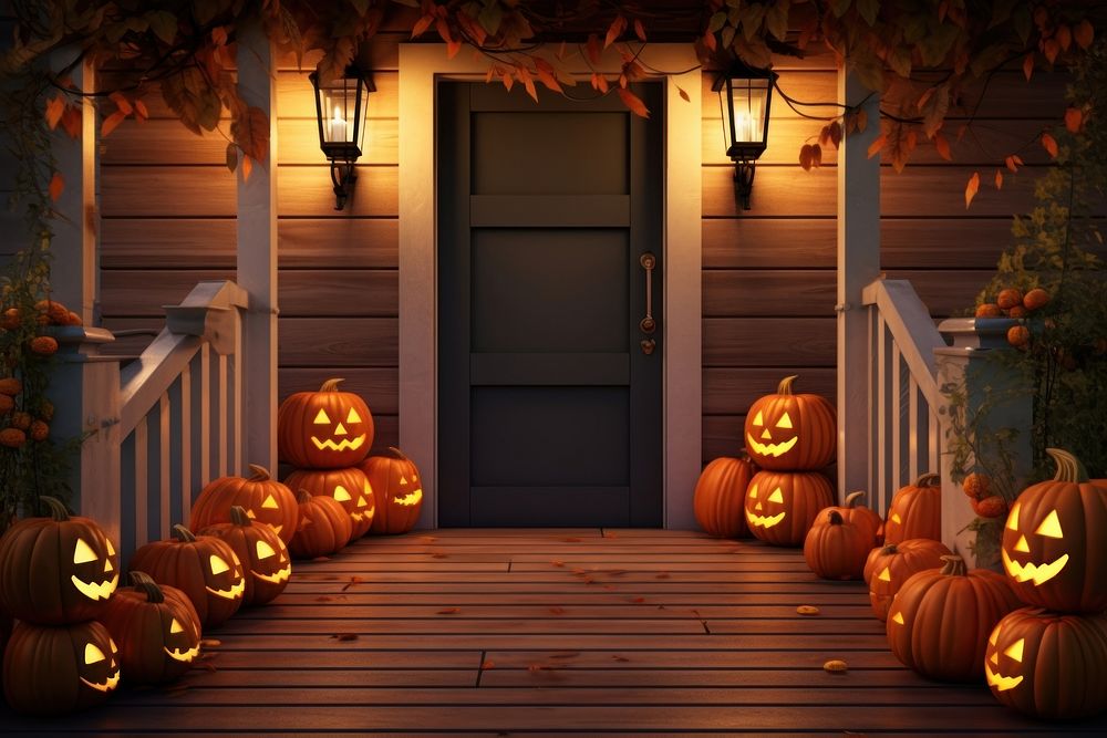 Halloween porch anthropomorphic jack-o'-lantern. 