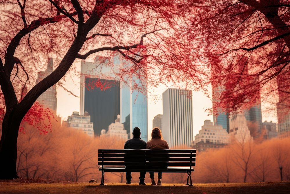 Autumn bench park togetherness. AI generated Image by rawpixel.