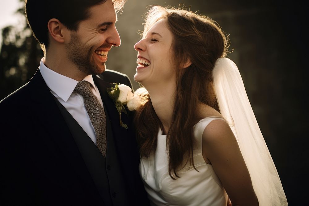 Laughing wedding bride photography. AI generated Image by rawpixel.
