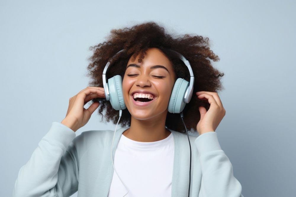 Headphones listening laughing headset. 