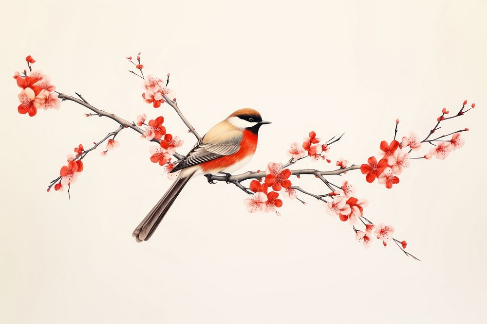 Bird branch flower animal. AI generated Image by rawpixel.