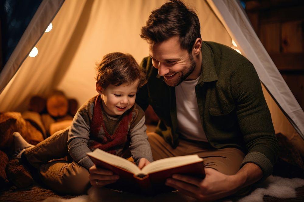 Reading child camping adult. AI generated Image by rawpixel.