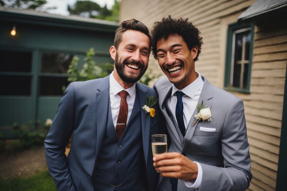 Outdoors laughing portrait wedding. 