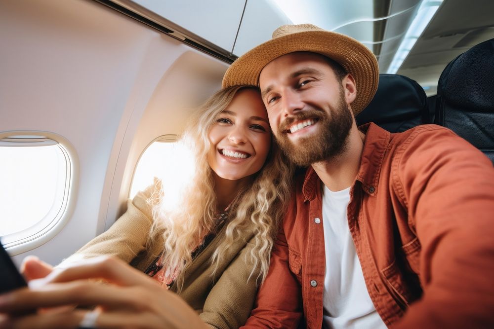 Selfie airplane adult happy. 