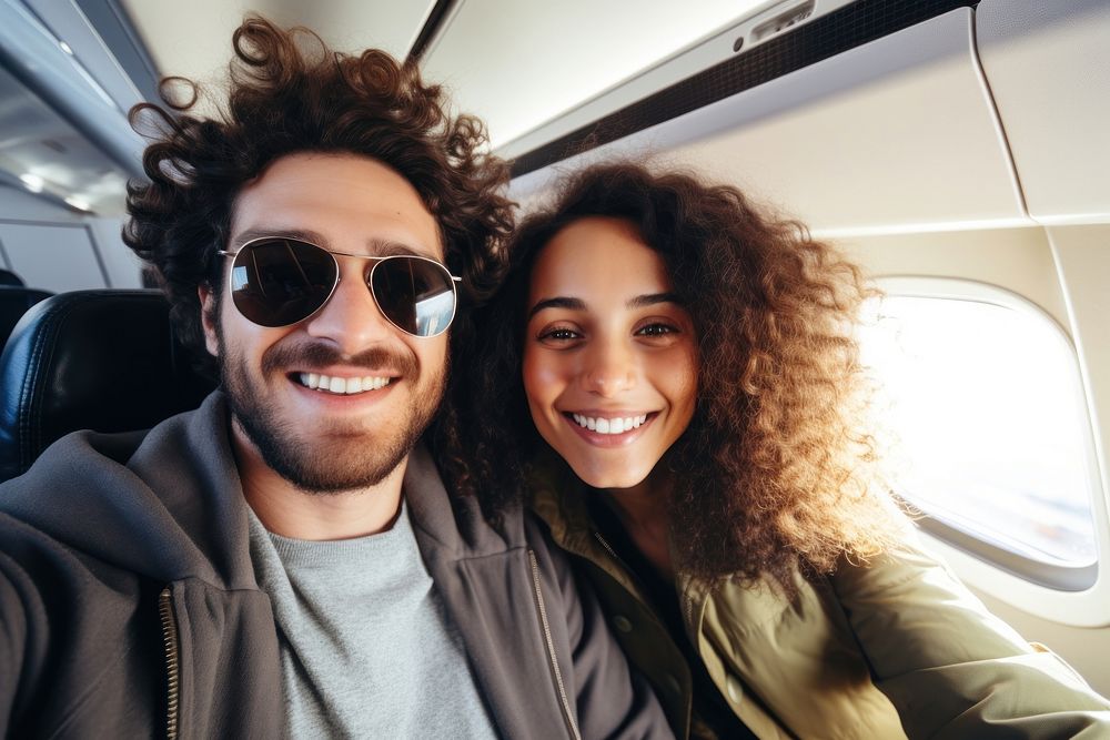 Selfie sunglasses airplane portrait. 