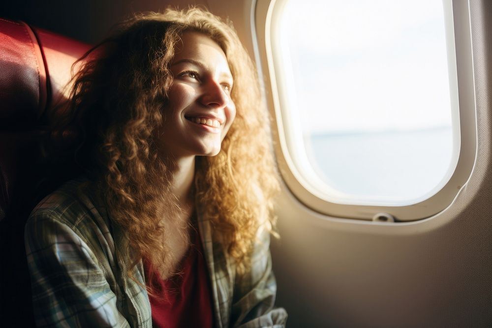 Window airplane portrait smile. 