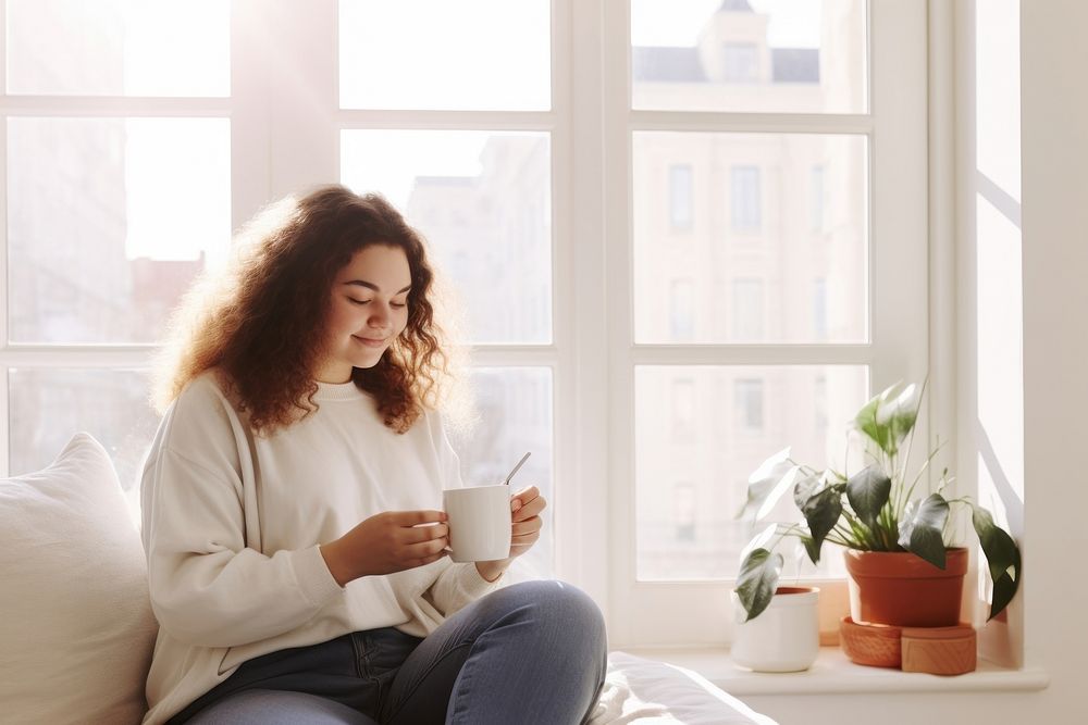 Sitting window adult cup. AI generated Image by rawpixel.