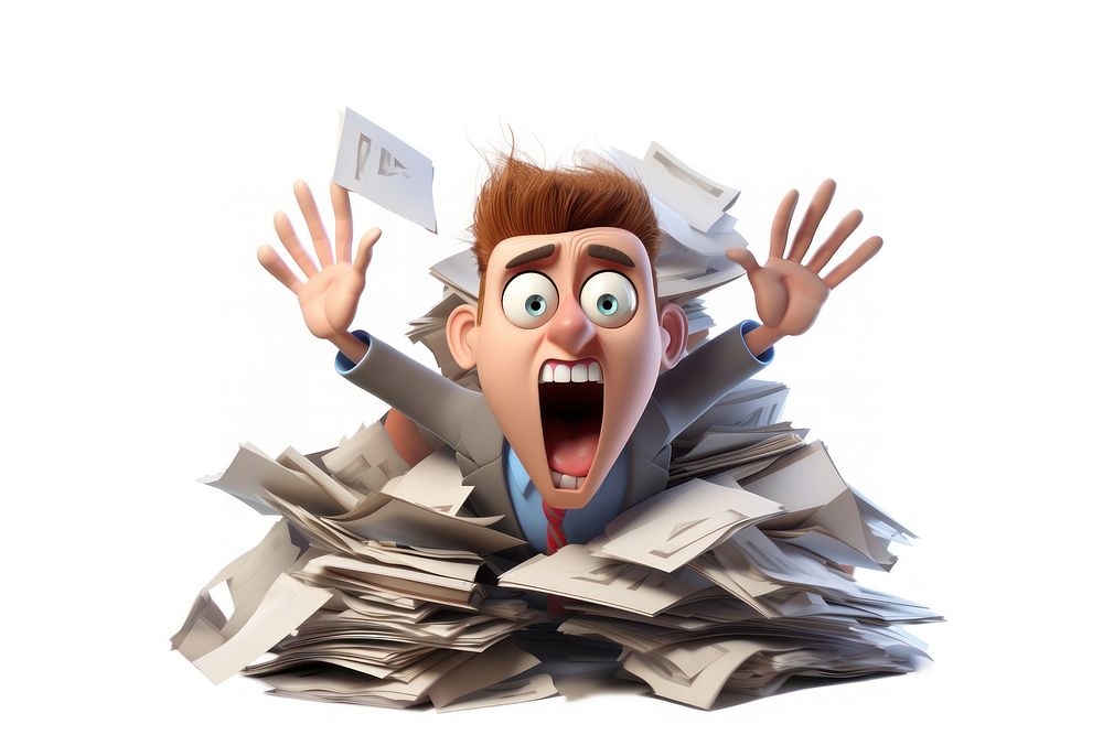 Cartoon white background overworked paperwork. AI generated Image by rawpixel.