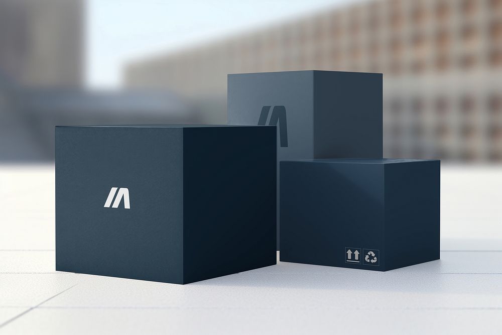 Blue cardboard boxes, business branding