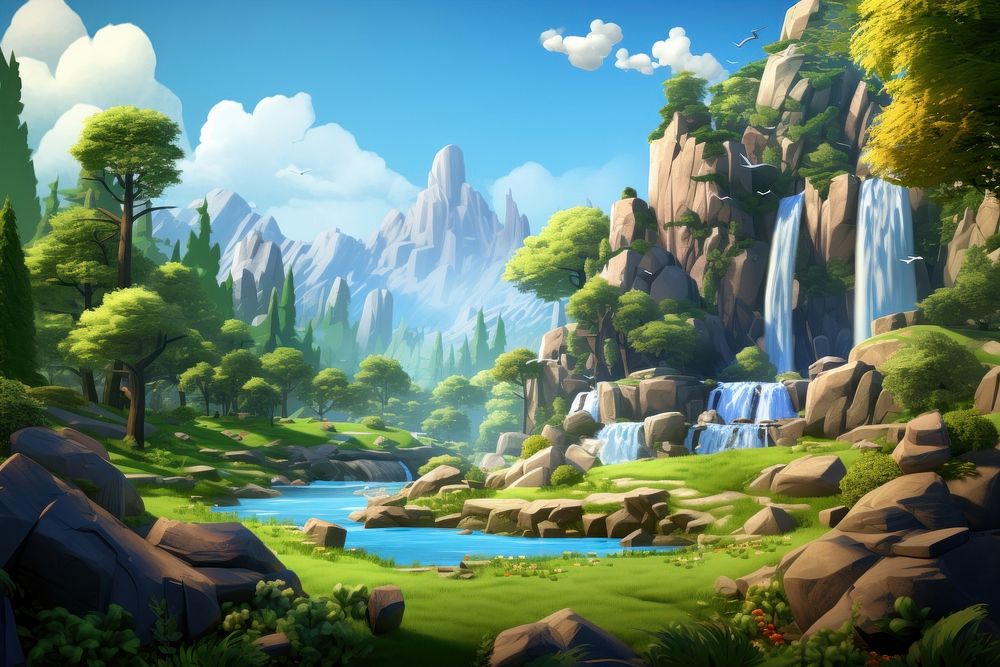 Waterfall landscape outdoors cartoon. AI generated Image by rawpixel.