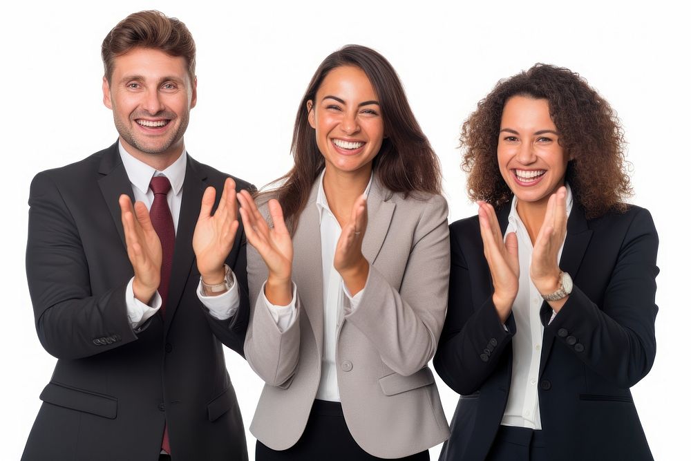 Clapping adult woman white background. 