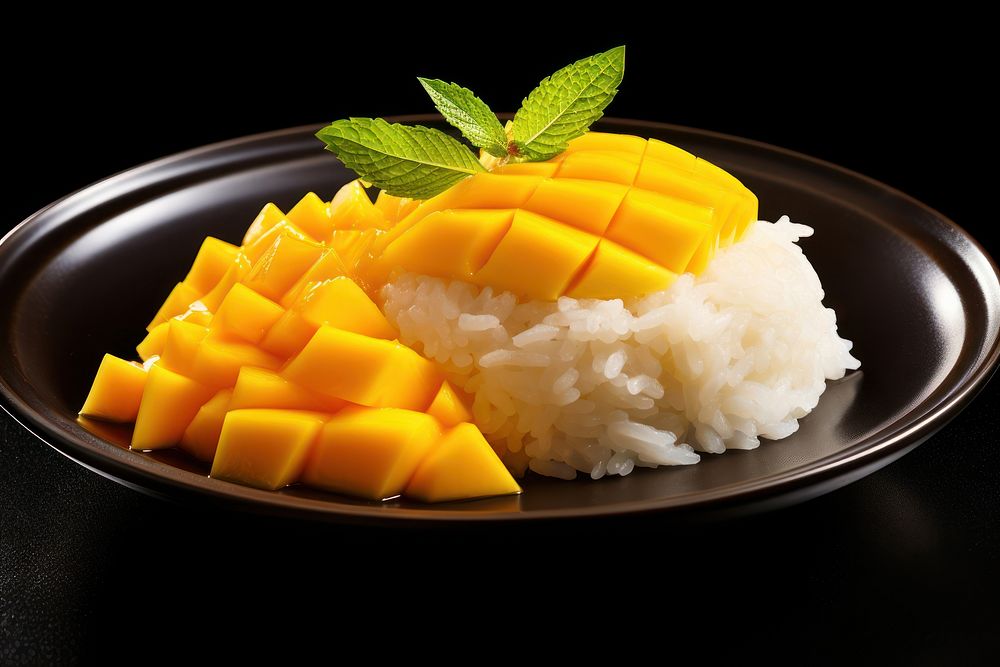 Mango rice fruit plate. AI generated Image by rawpixel.