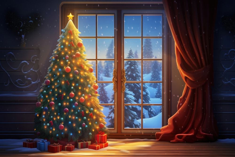 Christmas window tree snow. AI generated Image by rawpixel.