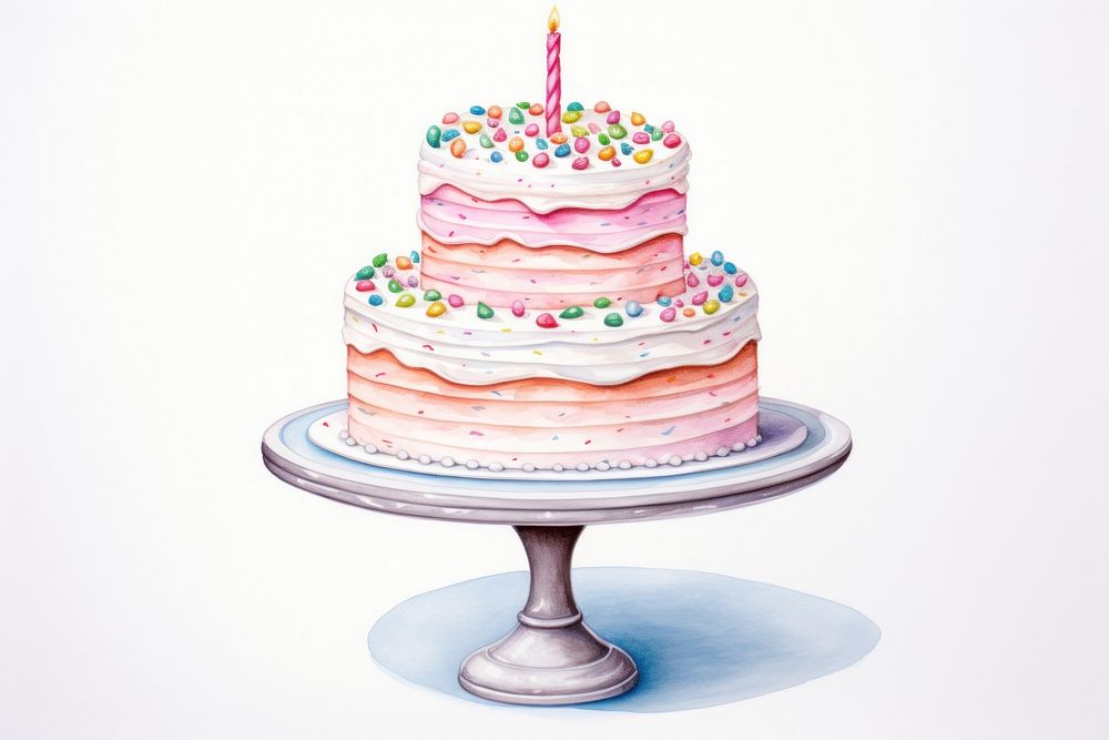 Cake birthday dessert candle, digital paint illustration. AI generated image