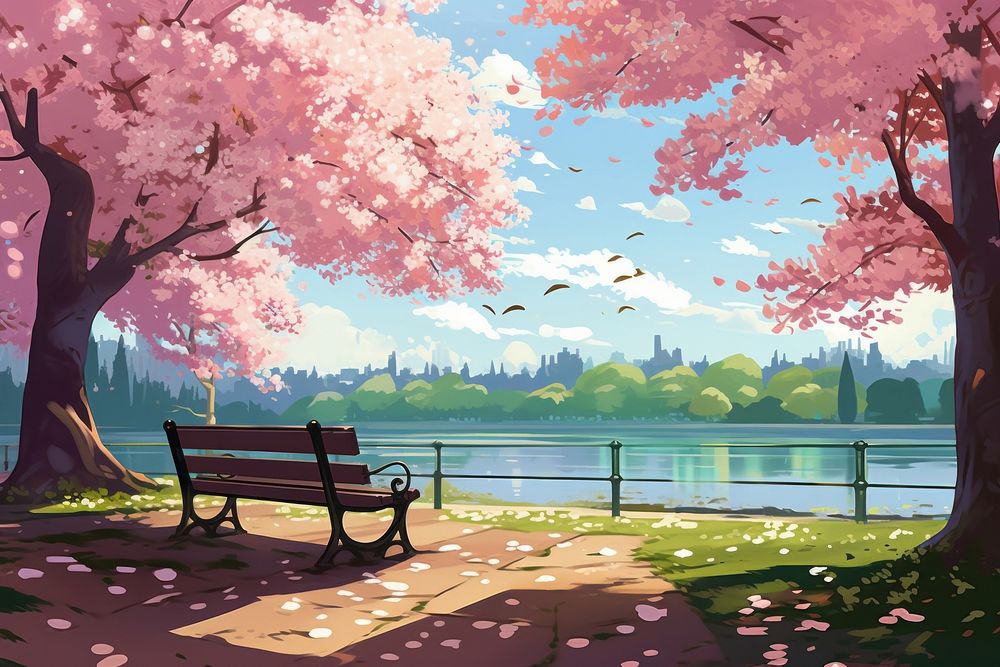 Flower bench park landscape. AI generated Image by rawpixel.