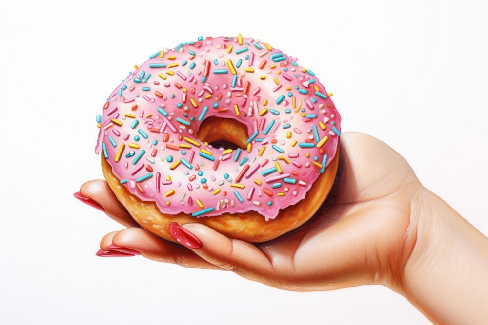 Donut sprinkles dessert holding, digital paint illustration. AI generated image