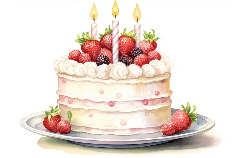 Cream cake strawberry birthday, digital paint illustration. AI generated image