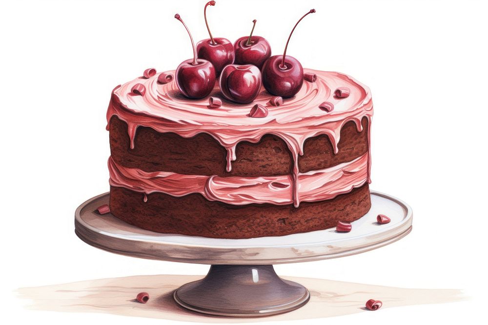 Cake chocolate dessert cherry, digital paint illustration. AI generated image