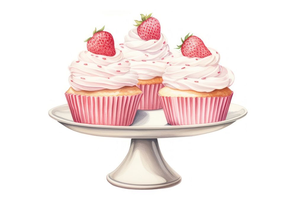 Strawberry cupcake cream dessert, digital paint illustration. AI generated image