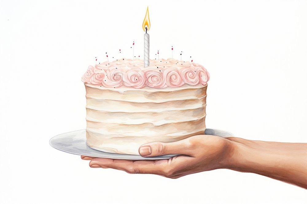 Cake birthday dessert holding, digital paint illustration. AI generated image