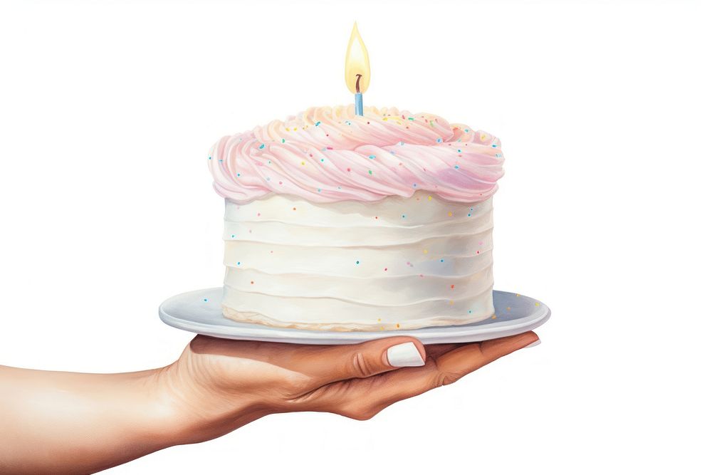 Cake birthday dessert holding, digital paint illustration. AI generated image