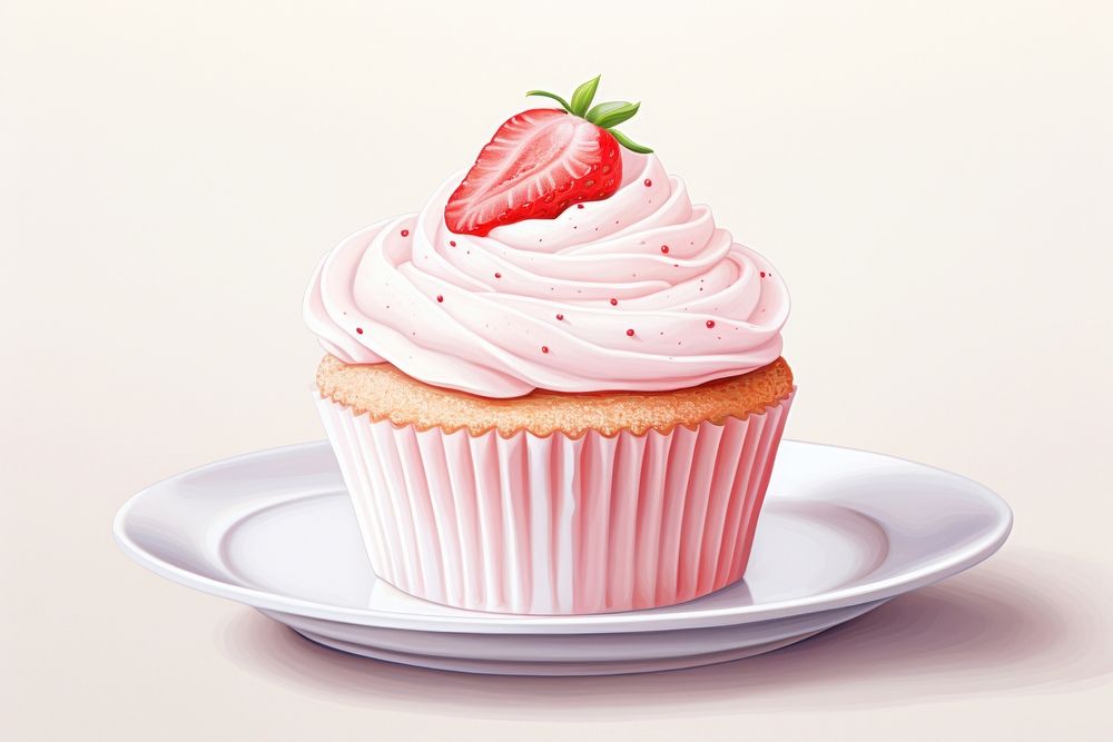 Strawberry cupcake cream dessert, digital paint illustration. AI generated image
