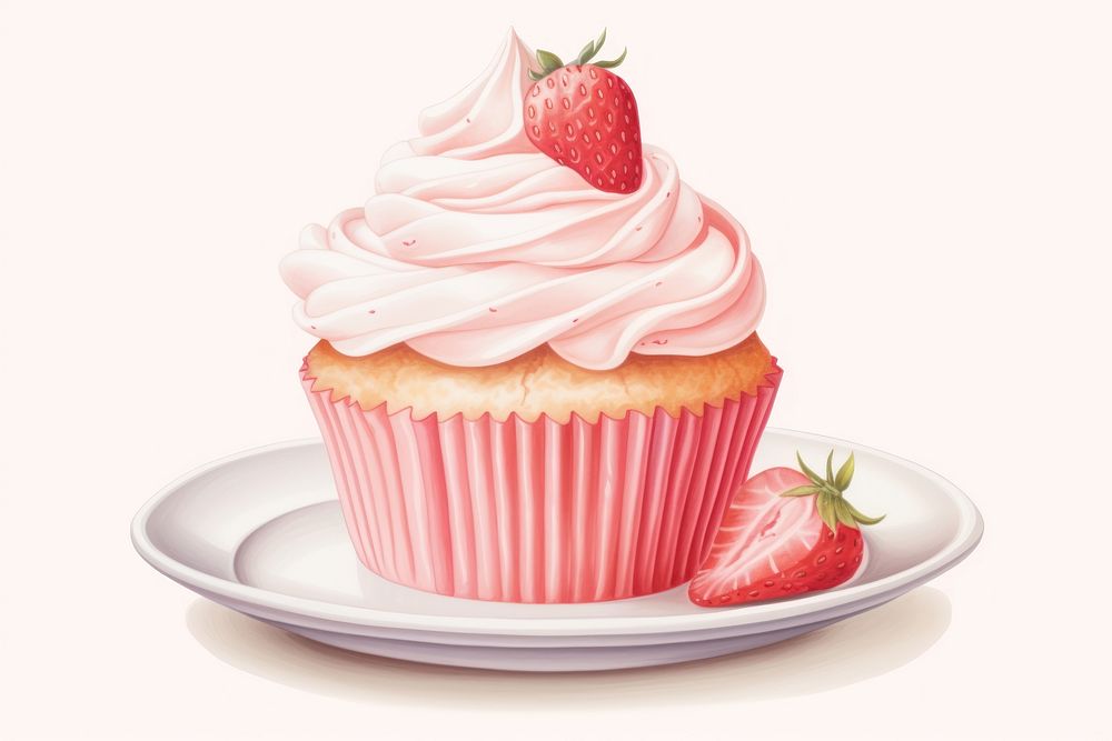 Strawberry cupcake cream plate, digital paint illustration. AI generated image