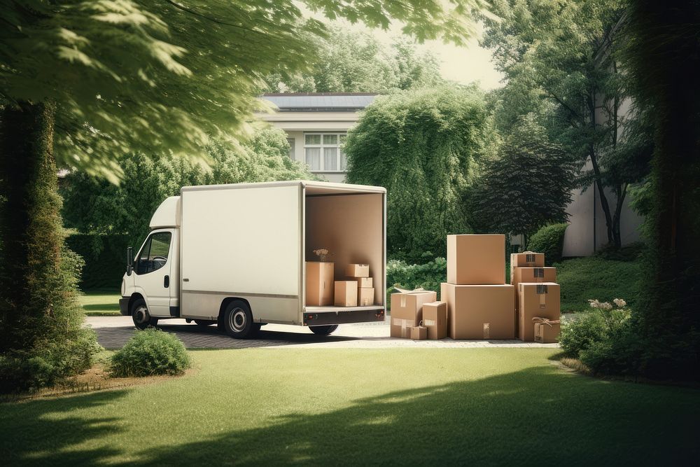 Moving truck cardboard box vehicle. 