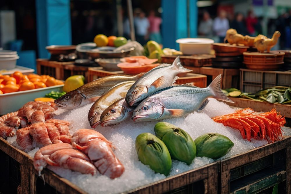 Fish market seafood arrangement freshness. 