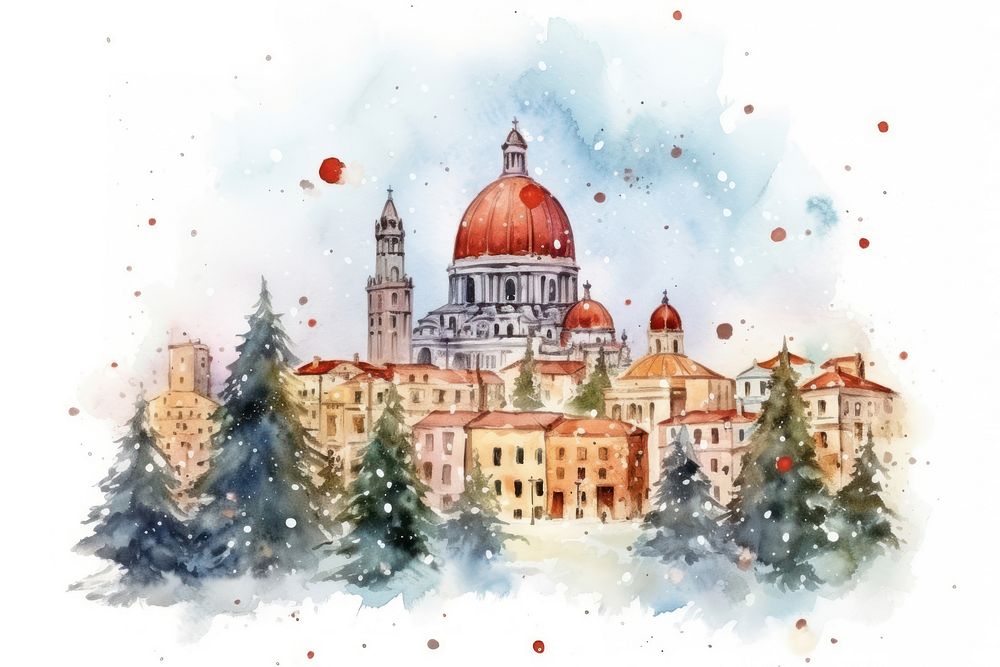 Architecture Christmas building painting. AI generated Image by rawpixel.