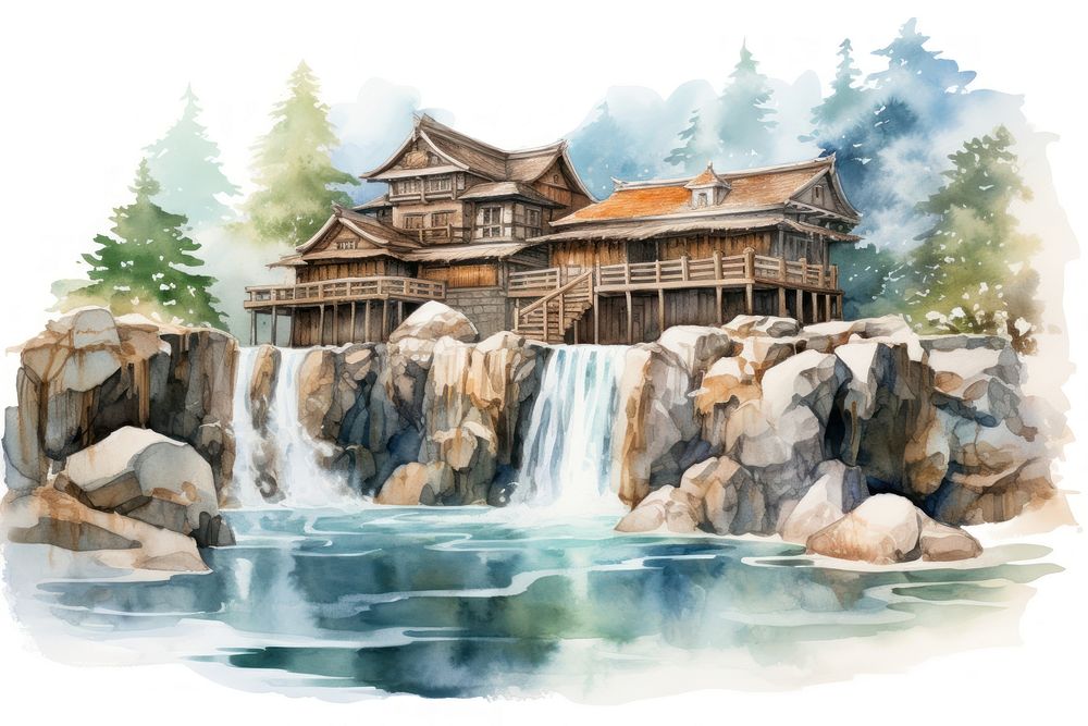 Onsen architecture waterfall building. AI generated Image by rawpixel.