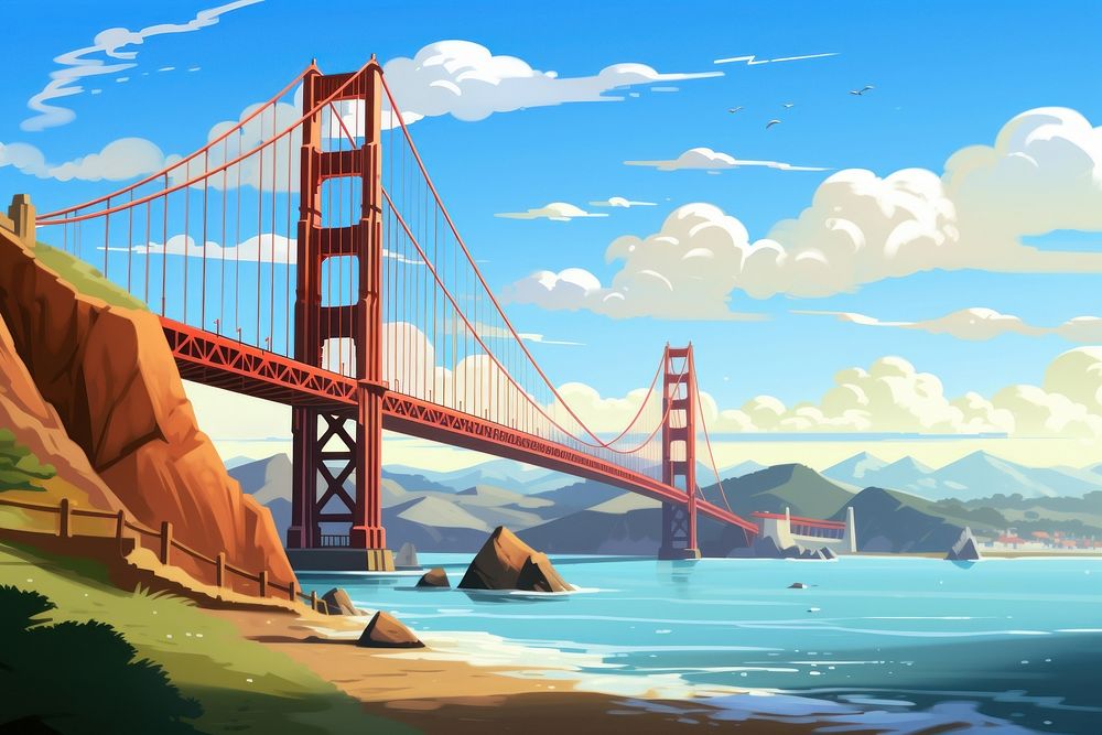 Bridge landscape cartoon golden gate bridge. AI generated Image by rawpixel.