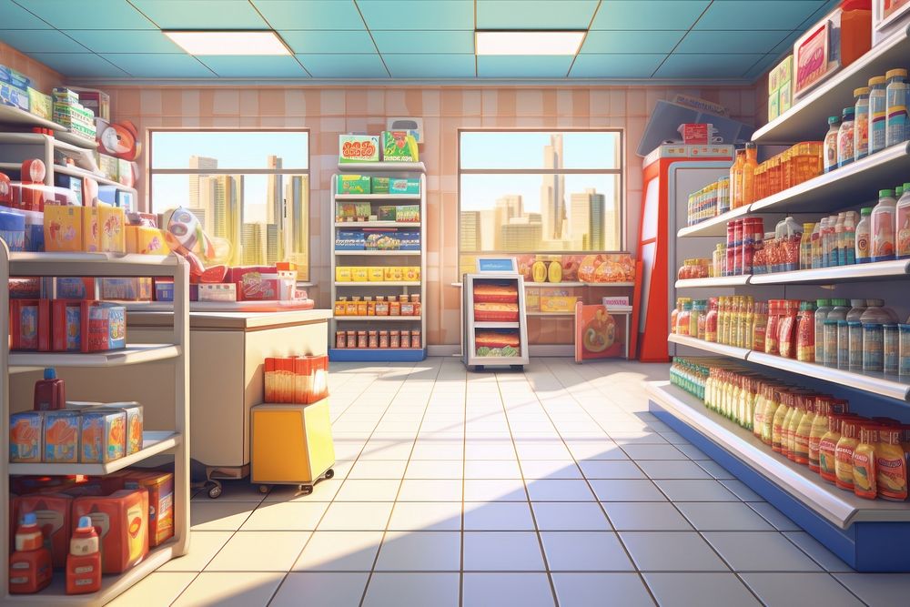 Supermarket cartoon shelf architecture. AI generated Image by rawpixel.