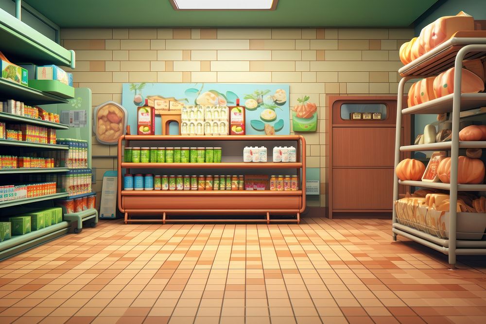 Supermarket cartoon shelf room. AI generated Image by rawpixel.
