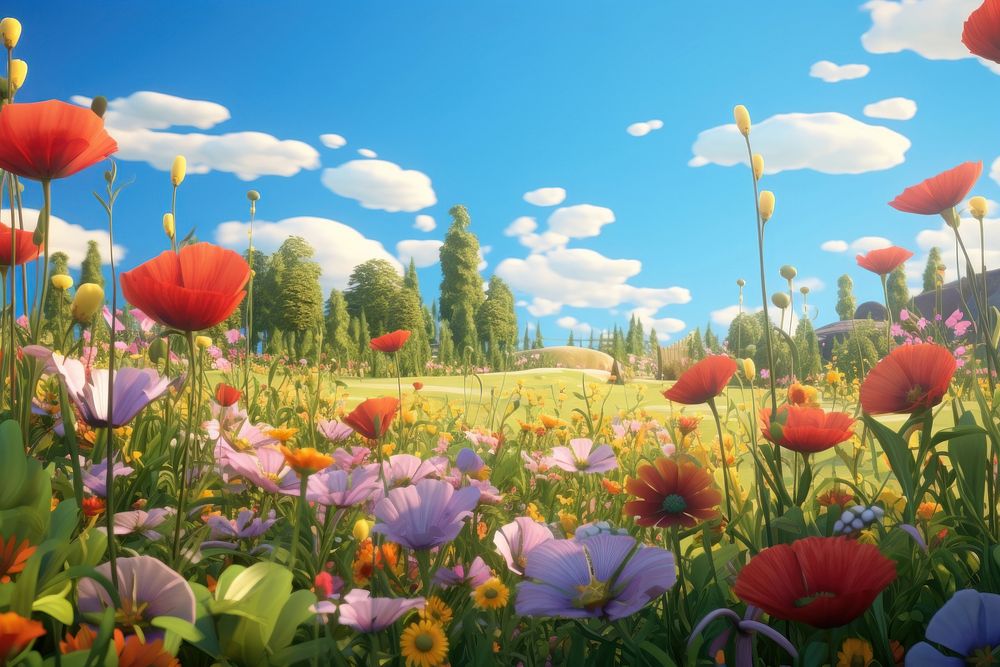 Flower field landscape grassland. AI generated Image by rawpixel.