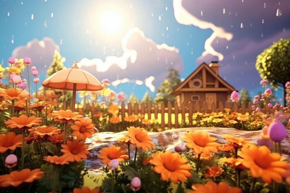 Flower landscape outdoors cartoon. AI generated Image by rawpixel.