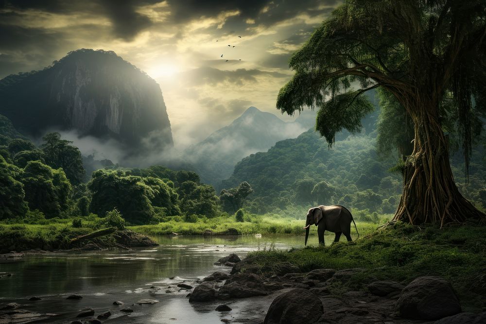 Wilderness land landscape elephant. AI generated Image by rawpixel.