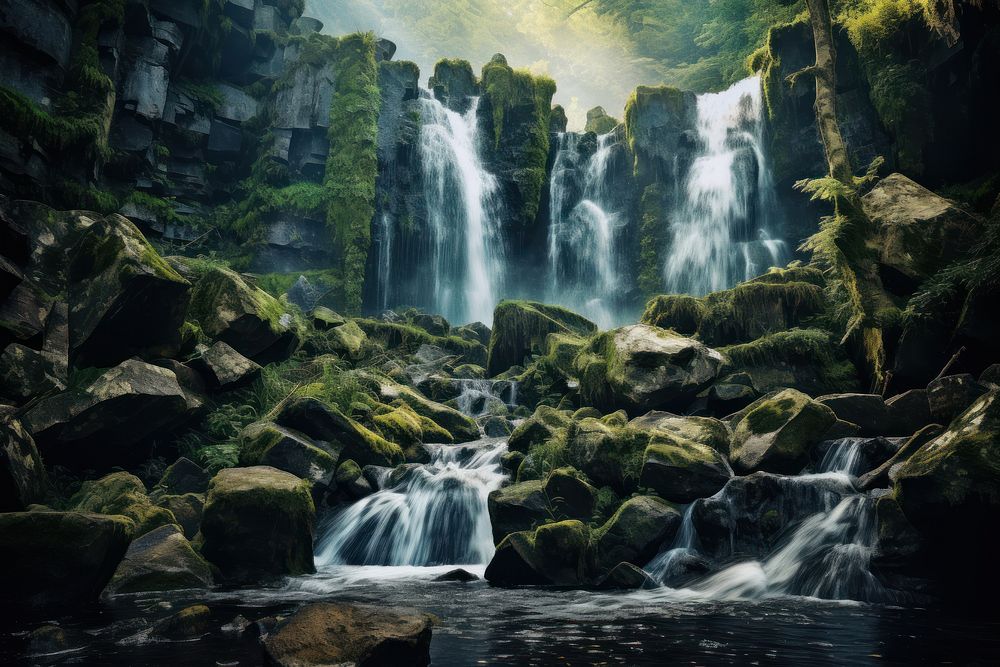 Waterfall outdoors nature stream. AI generated Image by rawpixel.