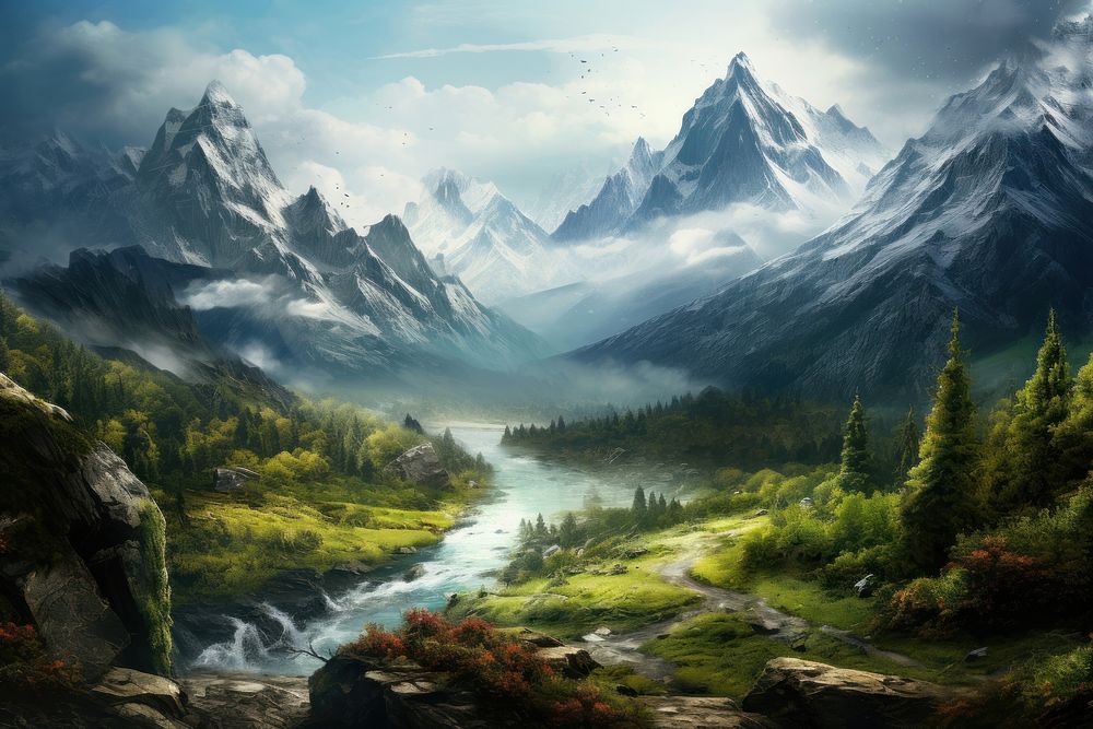 Wilderness mountain landscape panoramic. AI generated Image by rawpixel.