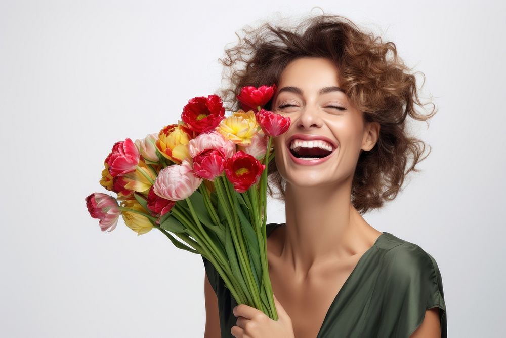 Tulip bouquet laughing holding smile. AI generated Image by rawpixel.