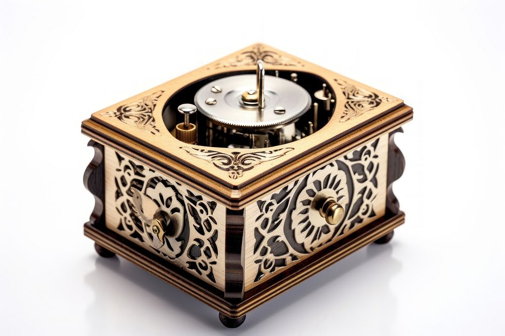 Music box white background technology turntable. 